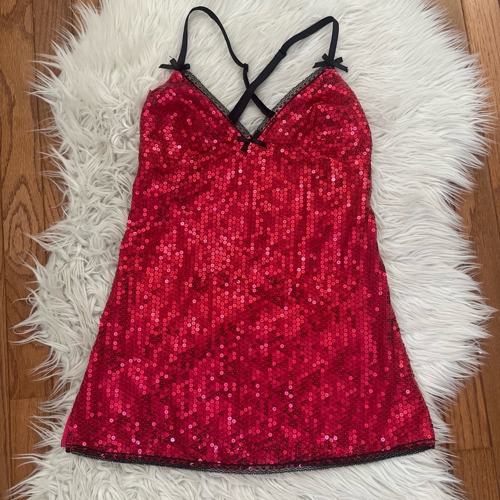 {Dreamgirl} Sequin Chemise Lingerie with Lace Trim in Fuchsia - Womens Small